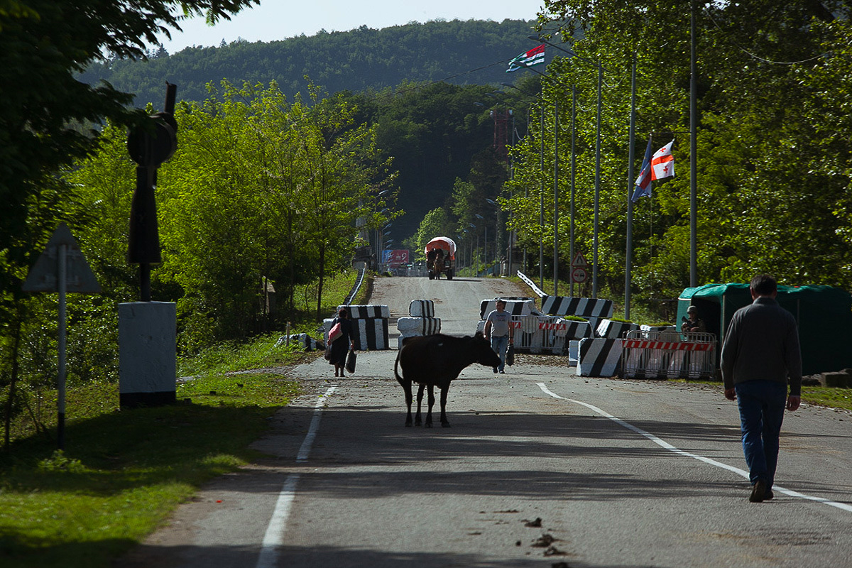Carretera entre árboles cortada por bloques de hormigón a rayas, con banderas de Georgia, una vaca y peatones que caminan hacia el puesto.